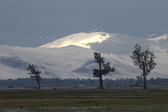 Snowy mountains.