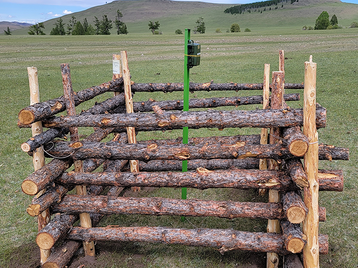 Recording device protected by a log barrier in Mongolia.